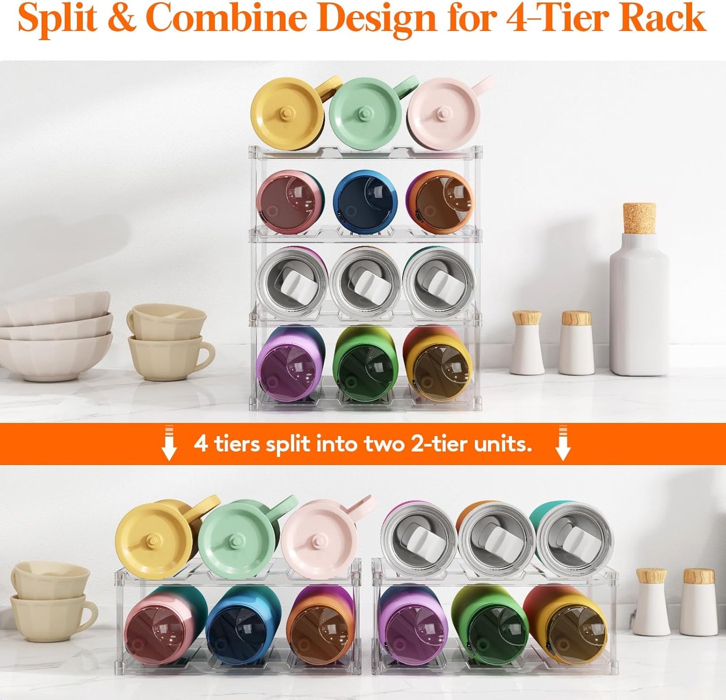 Lifewit Stackable Bottle Storage Organizer, Clear Freestanding Wine Holder for Cabinet, Large Slot Water Bottle Tumbler Cup Organizer for Pantry, Plastic Wine Rack for Fridge Cellar, 3Tier Hold 9