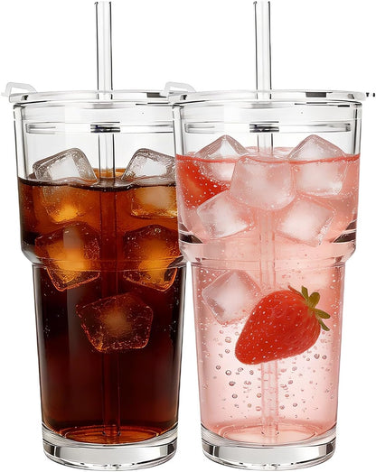 Clear Iced Coffee Cups with Lids - 4 Pack, 20oz Reusable Glass Cups with Lids and Straws, Drinking Tumblers for Cocktail Beer, Juice, Smoothie, Coffee Bar, Housewarming Gifts - Dishwasher Safe