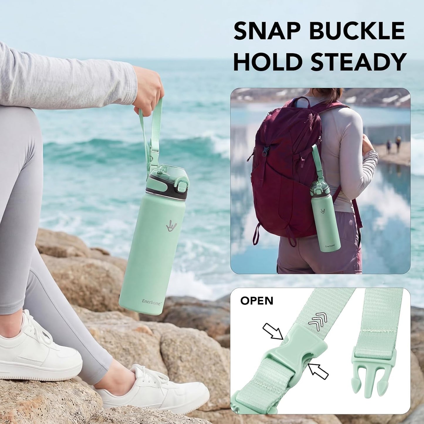 Enerbone 24 oz Insulated Water Bottle, Stainless Steel Bottle with Carrying Strap, Double-Wall Vacuum Insulation Design, Leakproof Sports Bottle with Straw, Keep Drinks Cold or Hot for Hours