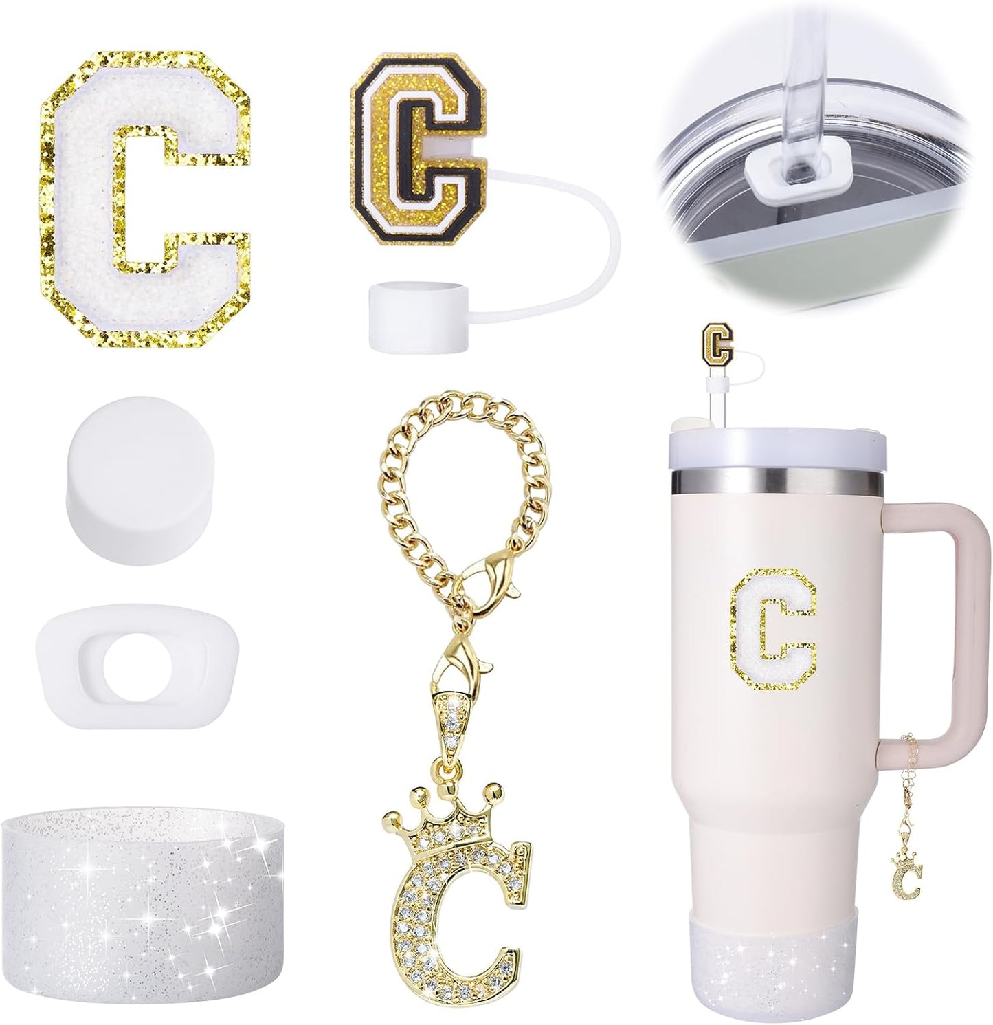 Mity Rain 6pc Cup Accessories Set for Stanley 30 oz & 40 oz Tumbler with Handle, Including Straw Cover Cap, Cup Initials Charm, Silicone Boot, Round & Square Spill Proof Stopper