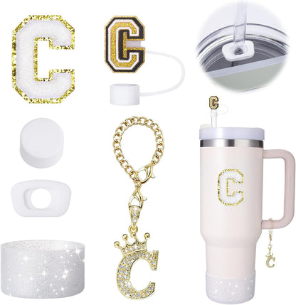 Mity Rain 6pc Cup Accessories Set for Stanley 30 oz & 40 oz Tumbler with Handle, Including Straw Cover Cap, Cup Initials Charm, Silicone Boot, Round & Square Spill Proof Stopper