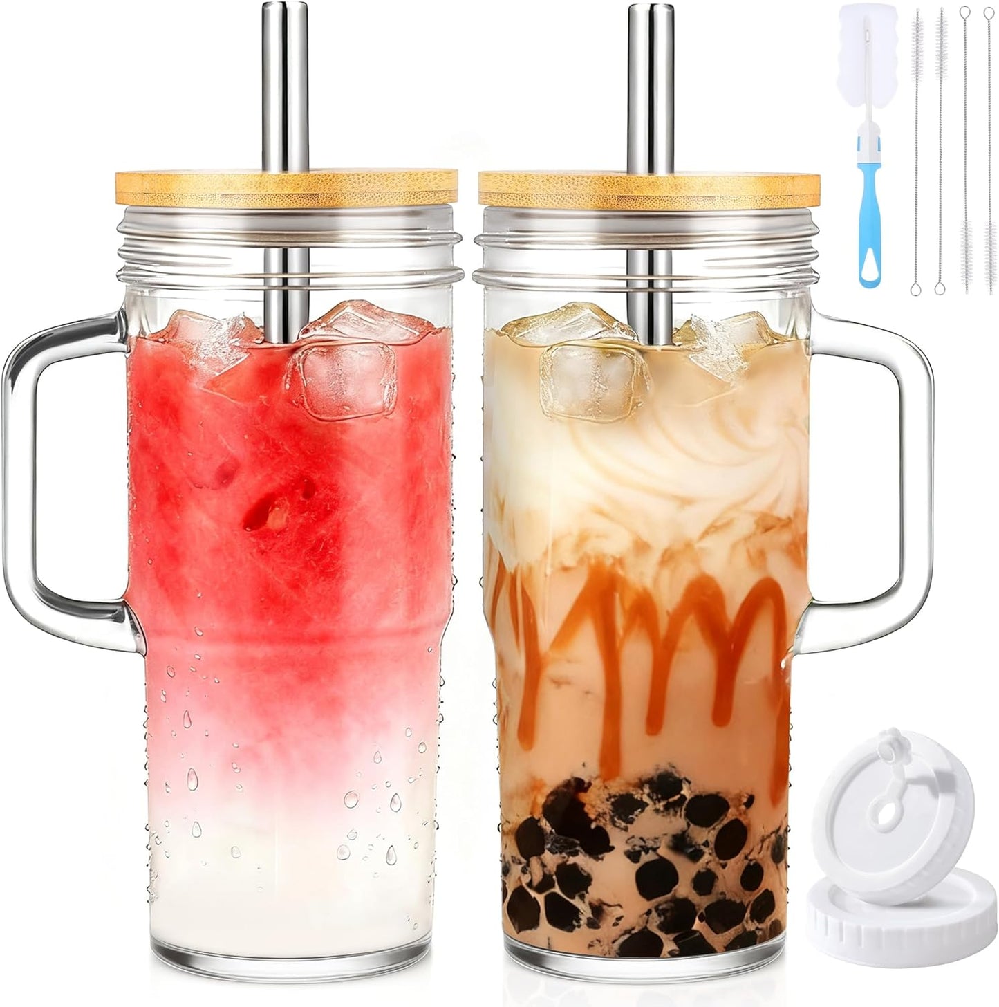 2Pack 40OZ Glass Tumbler with Handle,Glass Cup with Lid and Straw,Reusable Glass Iced Coffee Cup for Beer, Smoothies, Juice,Hot/Cold Drinks-Suitable for Birthday,Wedding