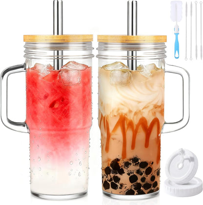 2Pack 40OZ Glass Tumbler with Handle,Glass Cup with Lid and Straw,Reusable Glass Iced Coffee Cup for Beer, Smoothies, Juice,Hot/Cold Drinks-Suitable for Birthday,Wedding