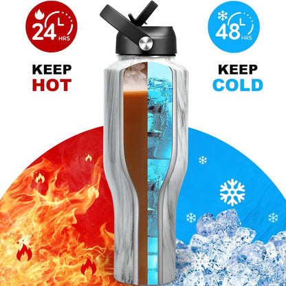 HYDROWION 32oz Stainless Steel Water Bottle(Cold for 48 Hrs, Hot for 24 Hrs),Double Wall Vacuum Insulated Water Bottle with Straw Lid, Spout Lid and Flex Cap, Fit in Any Car Cup Holder,Black