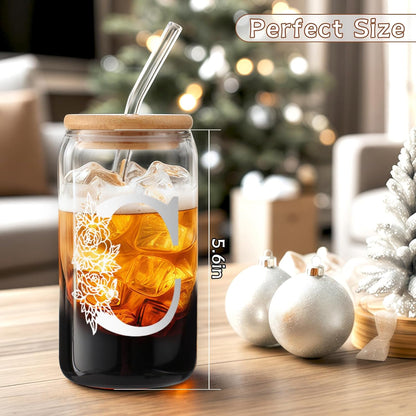 Glass Cups with Lids and Straws: Personalized Initial Glass Cup Be Used As Reusable Iced Coffee Cups with Lids,Cute Matcha Tumbler - The Christmas/Birthday Gifts for Women - M Smoothie Cup