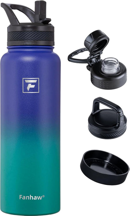 Fanhaw 40 oz Insulated Water Bottle – Stainless Steel Flask with 3 Lids (Straw, Spout, Carabiner) | Durable, Leakproof, for Hiking, Camping, Outdoor Adventures & Travel (Green Blue)