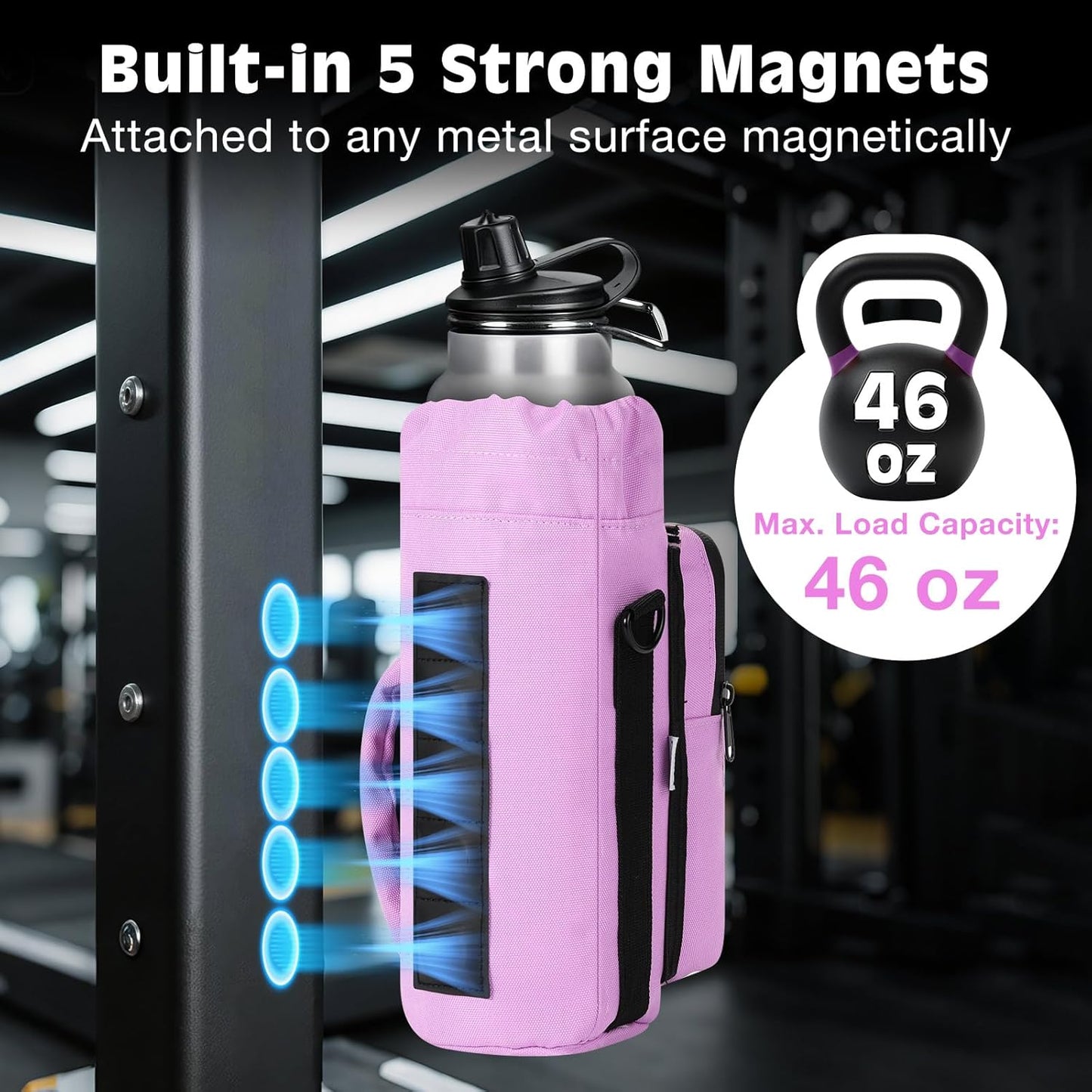MoKo Magnetic Gym Bag, Magnetic Water Bottle Holder with Clear Phone Pouch, Built-in 4 Magnets Fitness Bag for Men and Women Compatible with Most Water Bottles, Gym Accessories Gifts, Black