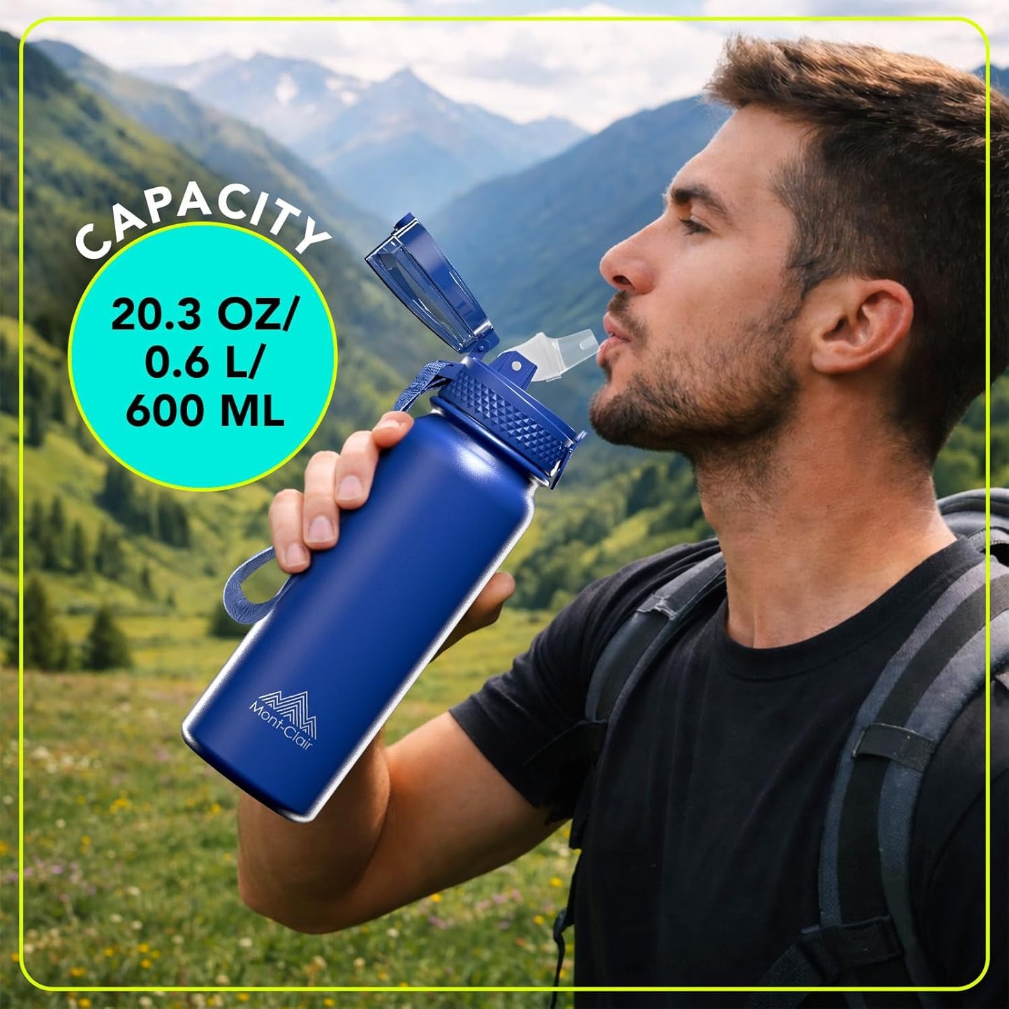 Mont-Clair Sport Water Bottle - 20oz Insulated Water Bottle with Straw - Patented Lid, BPA FREE, For Sports, Gym, Cycling, Bike - Quick Hydration - Black