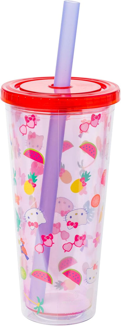 Silver Buffalo Sanrio Hello Kitty Milk Carton Pattern Plastic Boba Tumbler w Lid and Wide Straw, 24 Ounces