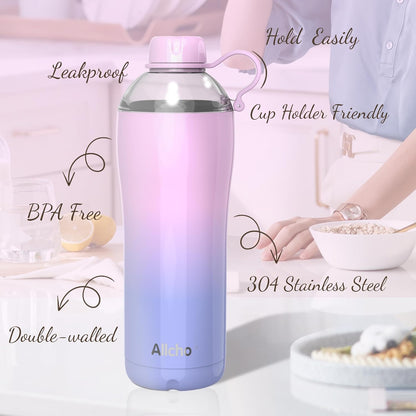 Allcho Insulated Water Bottle for Women, 18oz Stainless Steel Leak Proof Tumbler with 2 Lids, BPA-Free Tritan Chug & Straw Lid, Double Wall Vacuum Flask