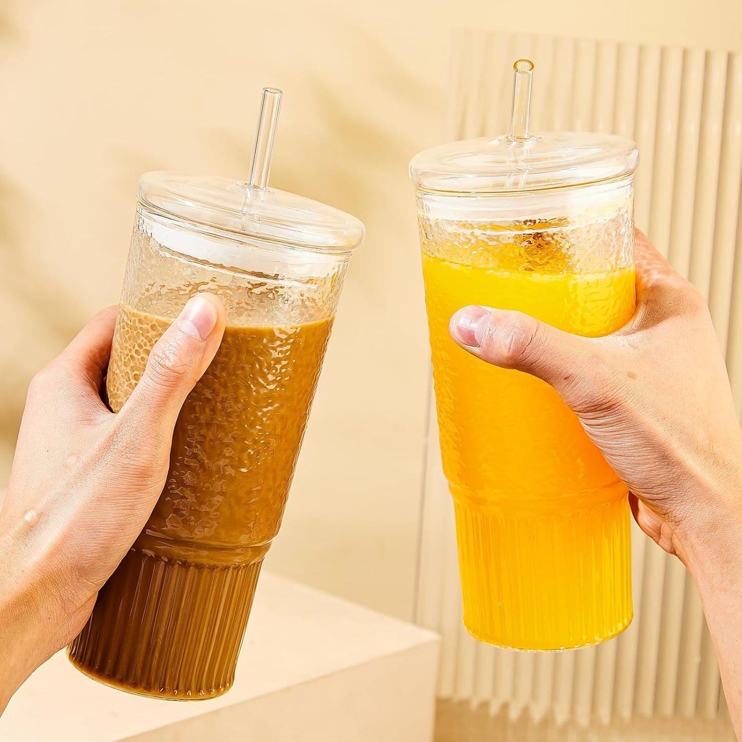 JunVpic Glass Cups with Lids and Straws,24oz Glass Tumbler with Handle Iced Coffee Cup for Coffee,Juice,Tea,Milk,Smoothie,Hot & Cold Drinks (Pink)