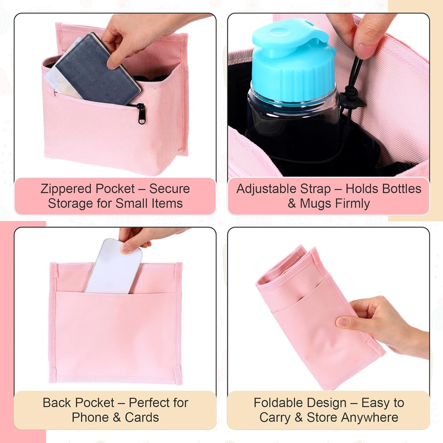 Tallew Luggage Travel Cup Holder Bag for Women, Suitcase Holds 2 Cups Hands-free Drink Organizer Attachment for Luggage, TravelGift for Female Travelers Flight Attendants(Pink)