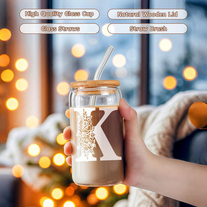 Glass Cups with Lids and Straws: Personalized Initial Glass Cup Be Used As Reusable Iced Coffee Cups with Lids,Cute Matcha Tumbler - The Christmas/Birthday Gifts for Women - M Smoothie Cup