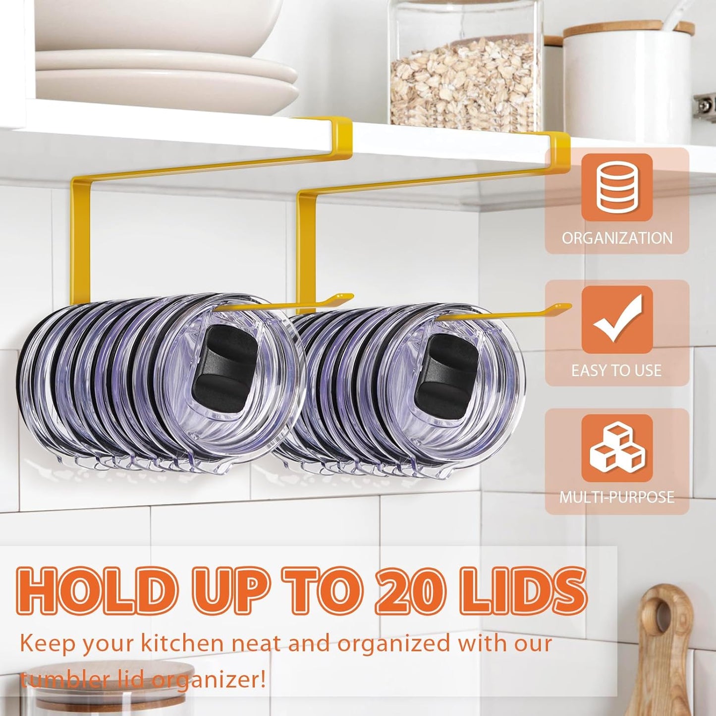 Tumbler Lid Organizer, Horizontal Tumbler Lid Storage Hook Up to 10 Lids, Space Saving Cup Lid Holders Under Cabinet Tumbler Lid Hook for Kitchen Organizer and Storage,Hanging Paper Towel Rack Hanger