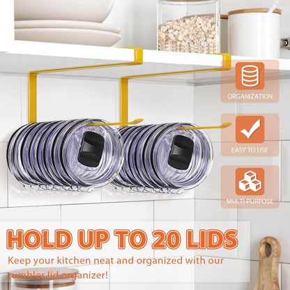 Tumbler Lid Organizer, Horizontal Tumbler Lid Storage Hook Up to 10 Lids, Space Saving Cup Lid Holders Under Cabinet Tumbler Lid Hook for Kitchen Organizer and Storage,Hanging Paper Towel Rack Hanger