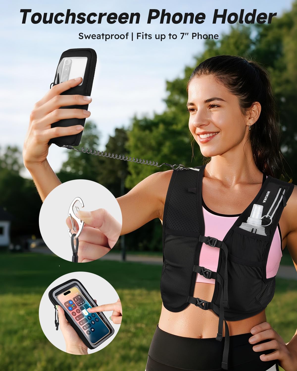 MOKURA Running Vest for Women Men, Lightweight Hydration Vest with 500ML Soft Flask & Phone Holder, Reflective Running Backpack, Adjustable Run Pack Water Bottle, Runner Marathon Essentials