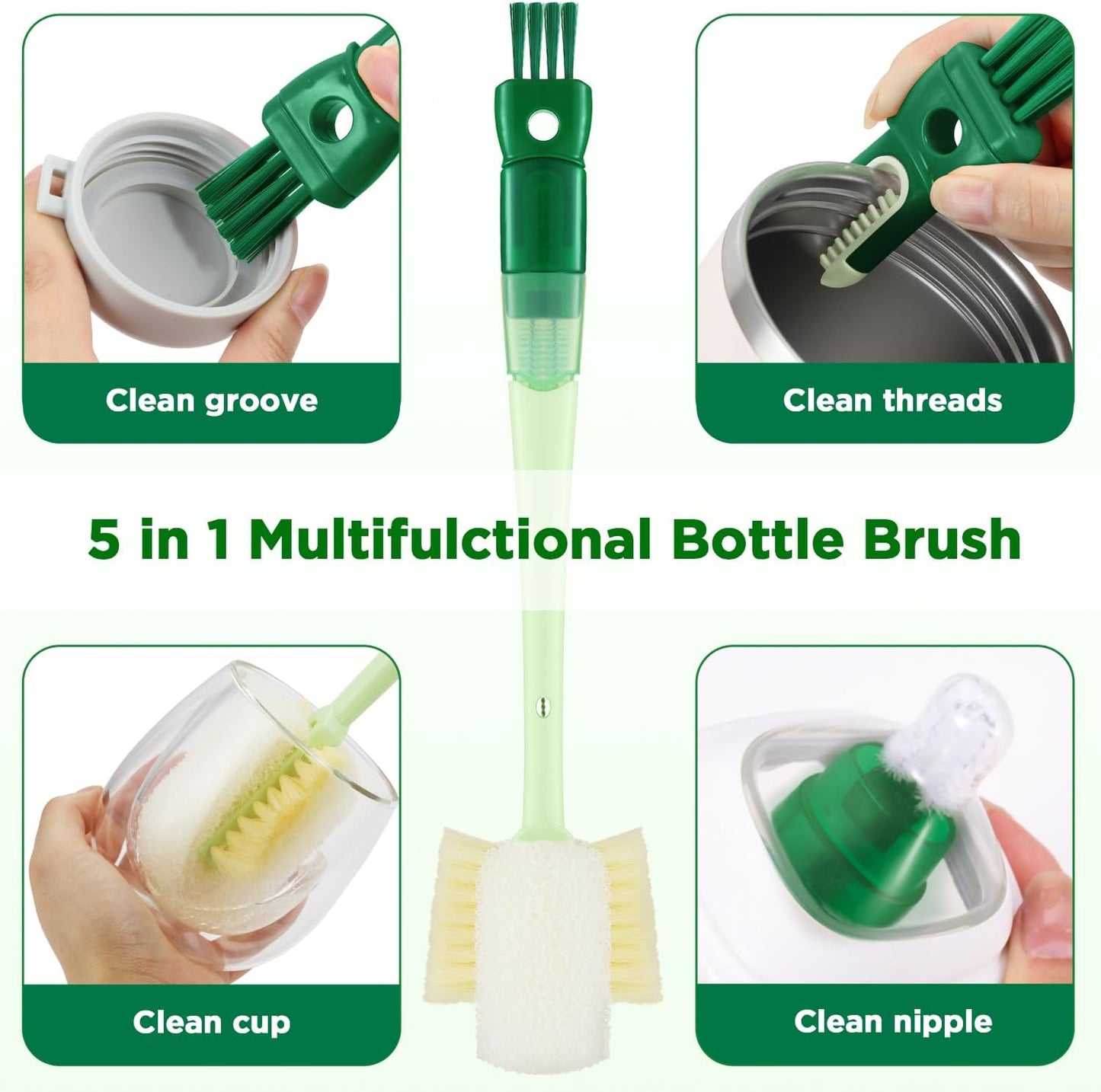 OUTXE 5 Pack Bottle Brush Set, 5-in-1 Water Bottle Cleaner Brush, 15"" Long Handle Bottle Cleaning Brush, 3 Straw Brush, Removable Nipple Brush, Detail Brush for Cup Lid Gap, WBBSBLB5