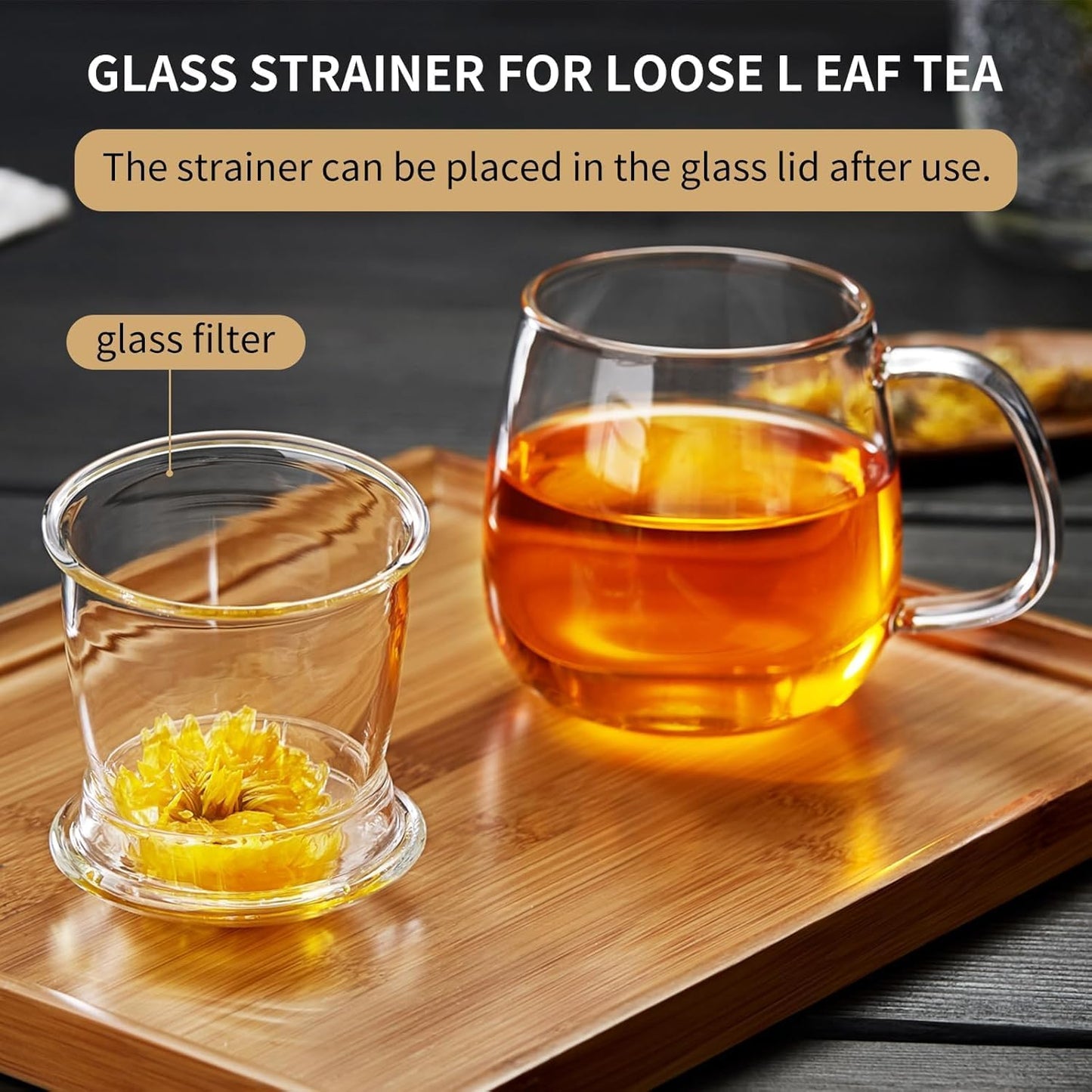 DOPUDO Glass Tea Cup with Infuser and Lid, 17.6oz/520ml Large Borosilicate Teacup,Tea Glass, Clear Mug for Loose Leaf Tea, Blooming Tea, Microwave & Dishwasher Safe - Tea Maker Gift for Birthday.