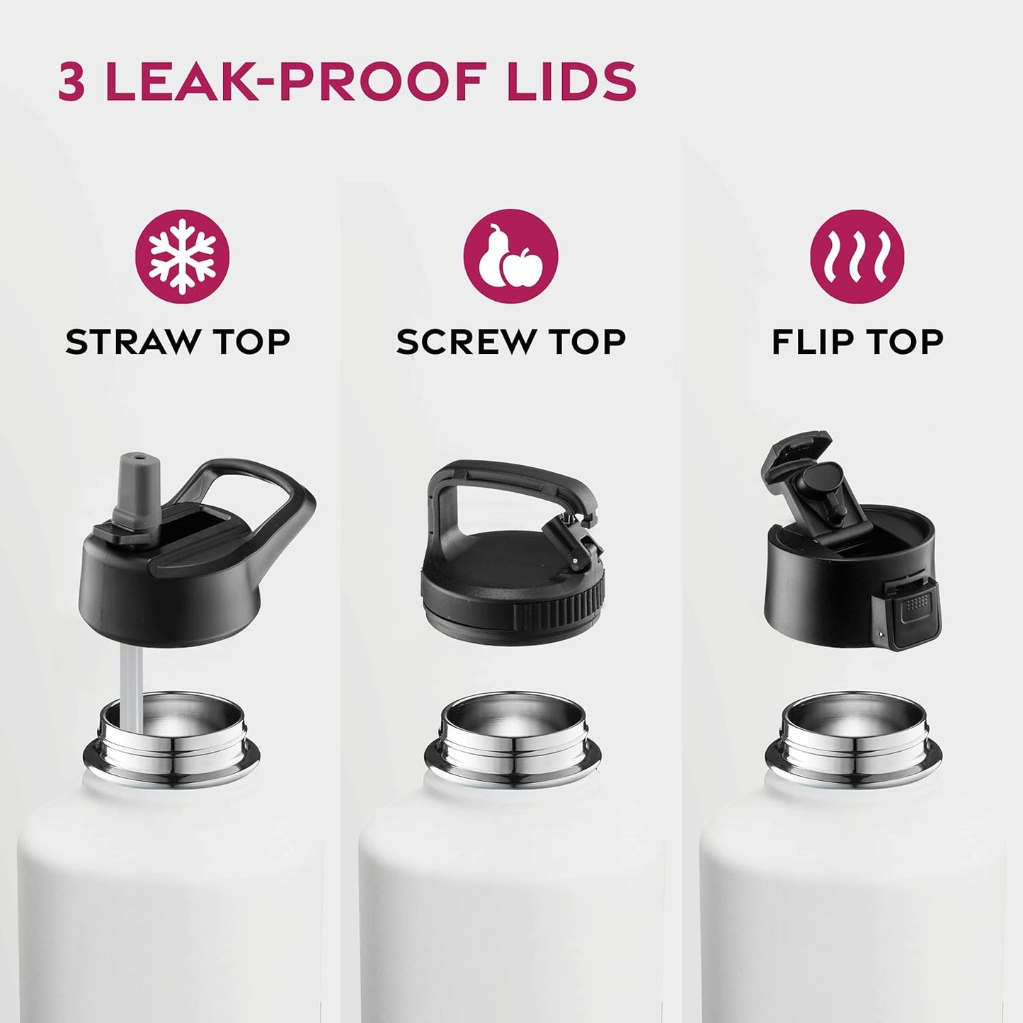 FineDine Water Bottle - Stainless Steel Insulated Water Bottle with Straw Lid, Flip Lid & Wide-Mouth Cap - Keeps Hot and Cold - 25 Oz / 739ml - Dreamy Purple