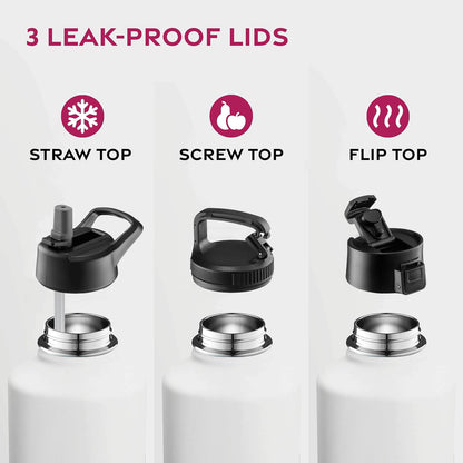 FineDine Water Bottle - Stainless Steel Insulated Water Bottle with Straw Lid, Flip Lid & Wide-Mouth Cap - Keeps Hot and Cold - 25 Oz / 739ml - Dreamy Purple