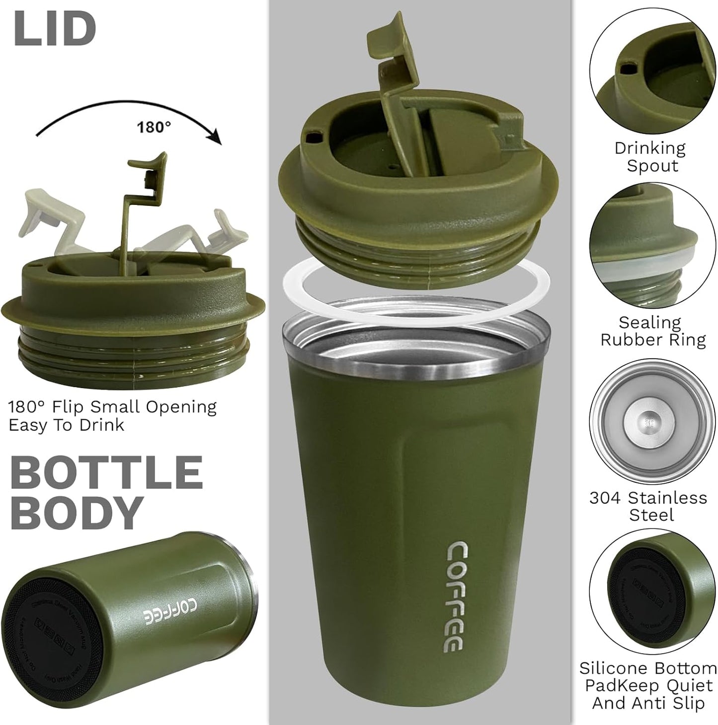 YINBAOGE Insulated Travel Coffee Mug, Spill & Leak Proof, Portable To Go Camping Stainless Steel Coffee Tumbler, Reusable Thermal Coffee Cup with Lid for Hot & Cold Drinks (Black, 12 OZ)