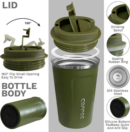 YINBAOGE Insulated Travel Coffee Mug, Spill & Leak Proof, Portable To Go Camping Stainless Steel Coffee Tumbler, Reusable Thermal Coffee Cup with Lid for Hot & Cold Drinks (Black, 12 OZ)