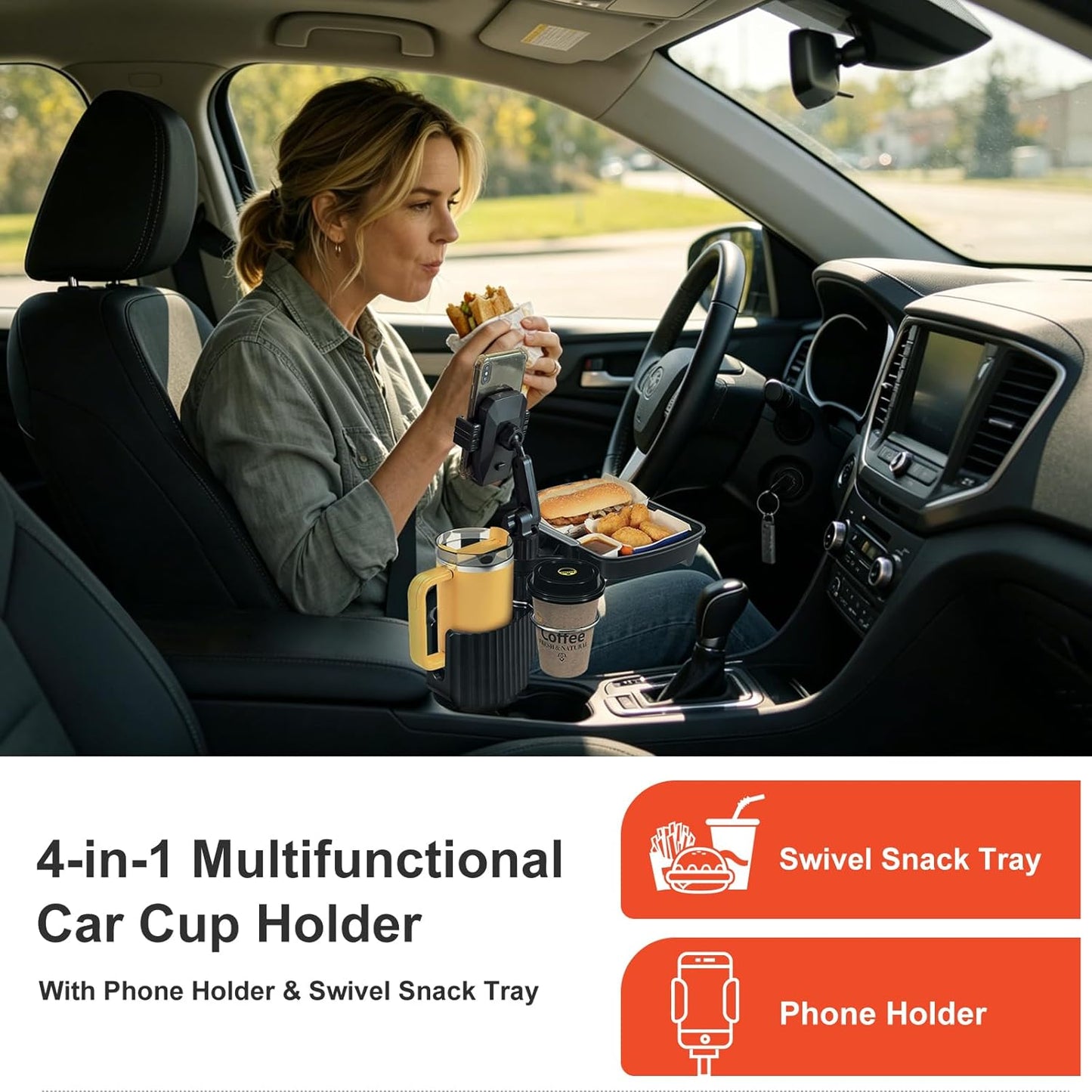 Car Large Cup Holder Expander, 5-in-1 Cupholder Extender with Phone Holder & Swivel and Detachable Snack Food Tray Table for Eating, Travel Essentials for Road Trips for Driver. Model C