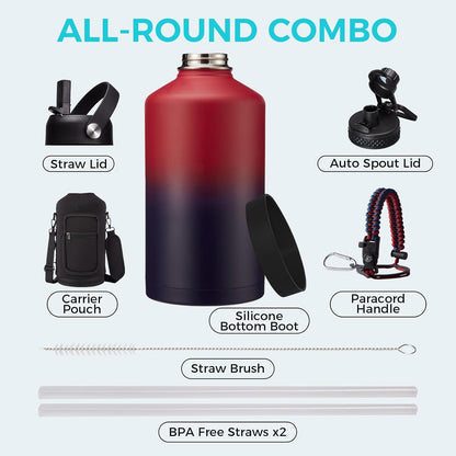 32/40/64OZ Insulated Water Bottle - Keep Cold 48H Hot 24H, Combo Straw/Spout Lids, Paracord Handle for Gym/Hiking, Carrier Bag +Strap, Cup Mat, BPA-Free Stainless Steel Flask Jug