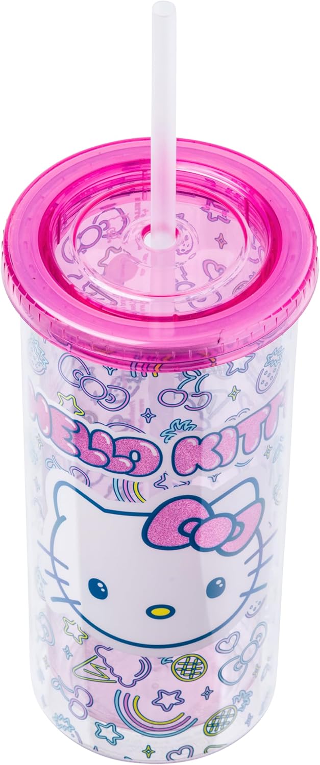 Silver Buffalo Sanrio Hello Kitty Milk Carton Pattern Plastic Boba Tumbler w Lid and Wide Straw, 24 Ounces