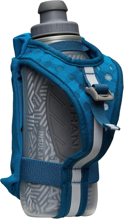 Nathan SpeedDraw 2 Insulated Handheld Running Water Bottle Flask 18oz – Double-Wall Insulation, Ergonomic Grip, Blast Valve Cap, Phone & Key Storage Pockets, Reflective Design