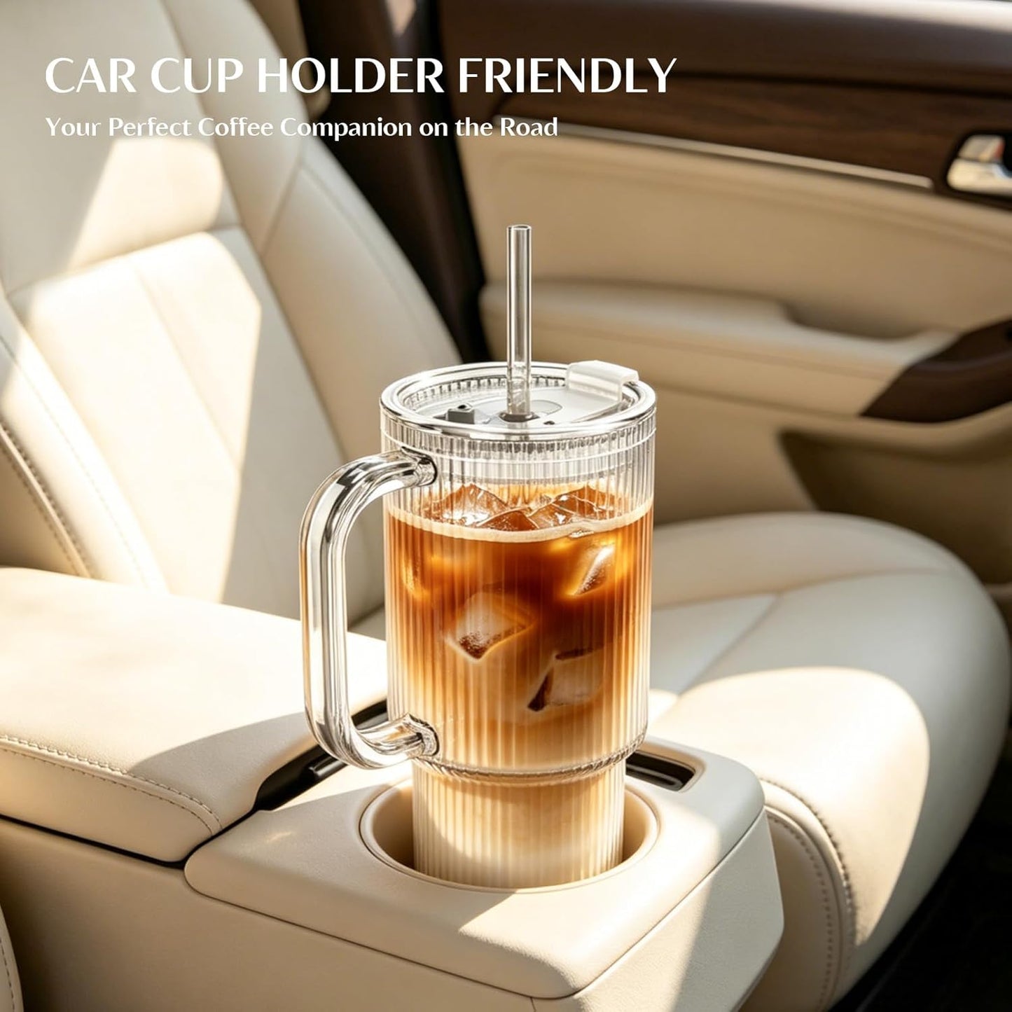 INSETLAN 24oz Ribbed Glass Tumbler with Handle & Lid – 2-Pack Large Iced Coffee Cups with Straws, Modern Glass Mug for Cold & Hot Beverages, Aesthetic Travel Cup for Smoothies, Tea, and Juice