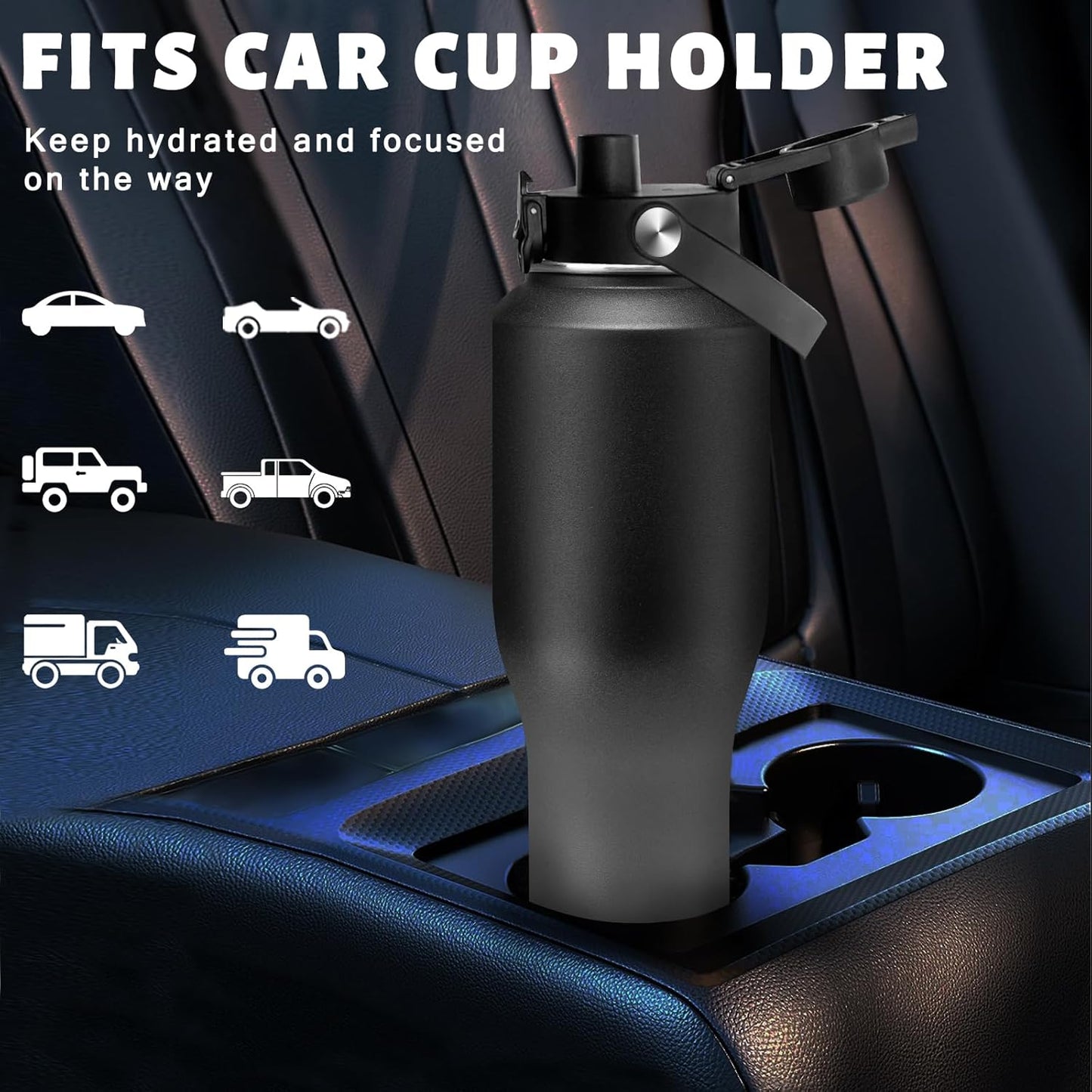 Insulated Water Bottle 40 oz - Fits in any Car Cup Holder, Keep Cold 48H Hot 24H, Stainless Steel Waterbottle Double Wall Flask with Straw, Pop-up Spout Lid, Paracord Handle, Carrier Bag