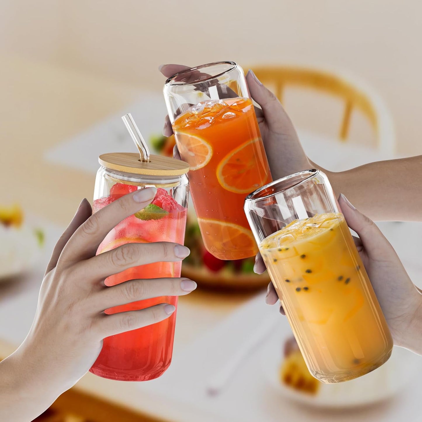 12 Pcs Glass Cups with Bamboo Lids and Straws - 16oz Glass Tumbler, Iced Coffee Cup, Can Shaped Drinking Glasses for Coffee, Tea, Smoothie, Juice, Cocktail Include 2 Cleaning Brushes