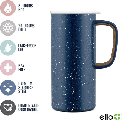 Ello Campy 18oz Stainless Steel Travel Mug with Handle and Leak Proof Lid | Vacuum Insulated Coffee Cup for Hot or Cold Drinks | Reusable, BPA Free | Gift for Coffee Lovers, Matte Black