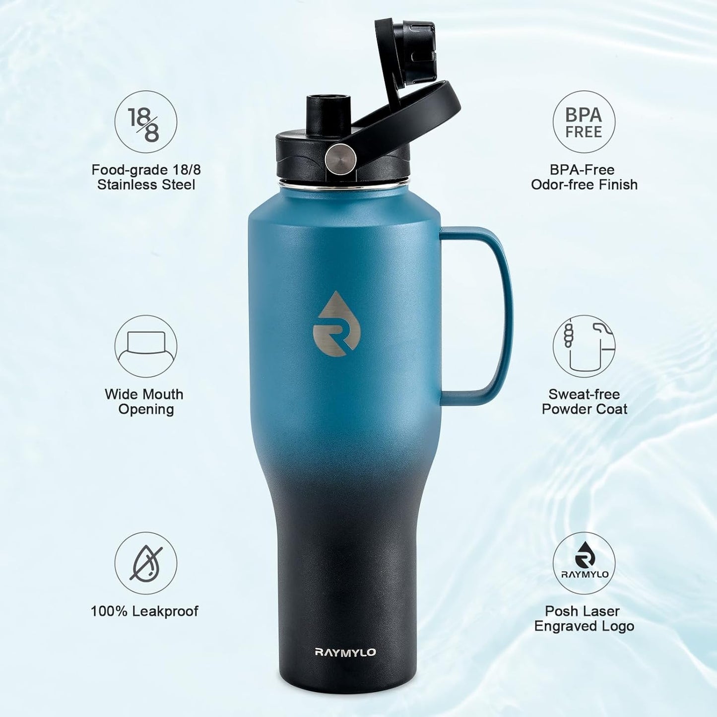 RAYMYLO 40 oz Insulated Water Bottle with Straw fit in Car Cup Holder, Triple Wall Vacuum Stainless Steel(Cold 48 hrs, Hot 24 hrs), Leakproof & Non-BPA, Hydro Travel Flask with Straw and Spout Lid