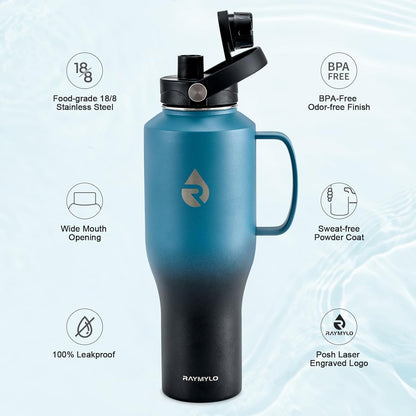 RAYMYLO 40 oz Insulated Water Bottle with Straw fit in Car Cup Holder, Triple Wall Vacuum Stainless Steel(Cold 48 hrs, Hot 24 hrs), Leakproof & Non-BPA, Hydro Travel Flask with Straw and Spout Lid