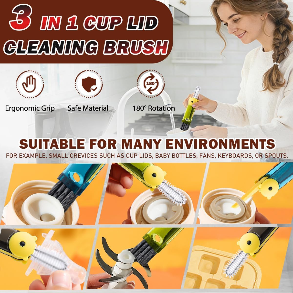 3 in 1 Cup Lid Cleaning Brush, 4PCS Multifunctional Crevice Cleaning Brush for Water Bottle Insulated Cup Tumbler Lid Groove Narrow Space Detail Cleaner Home Kitchen Gadgets