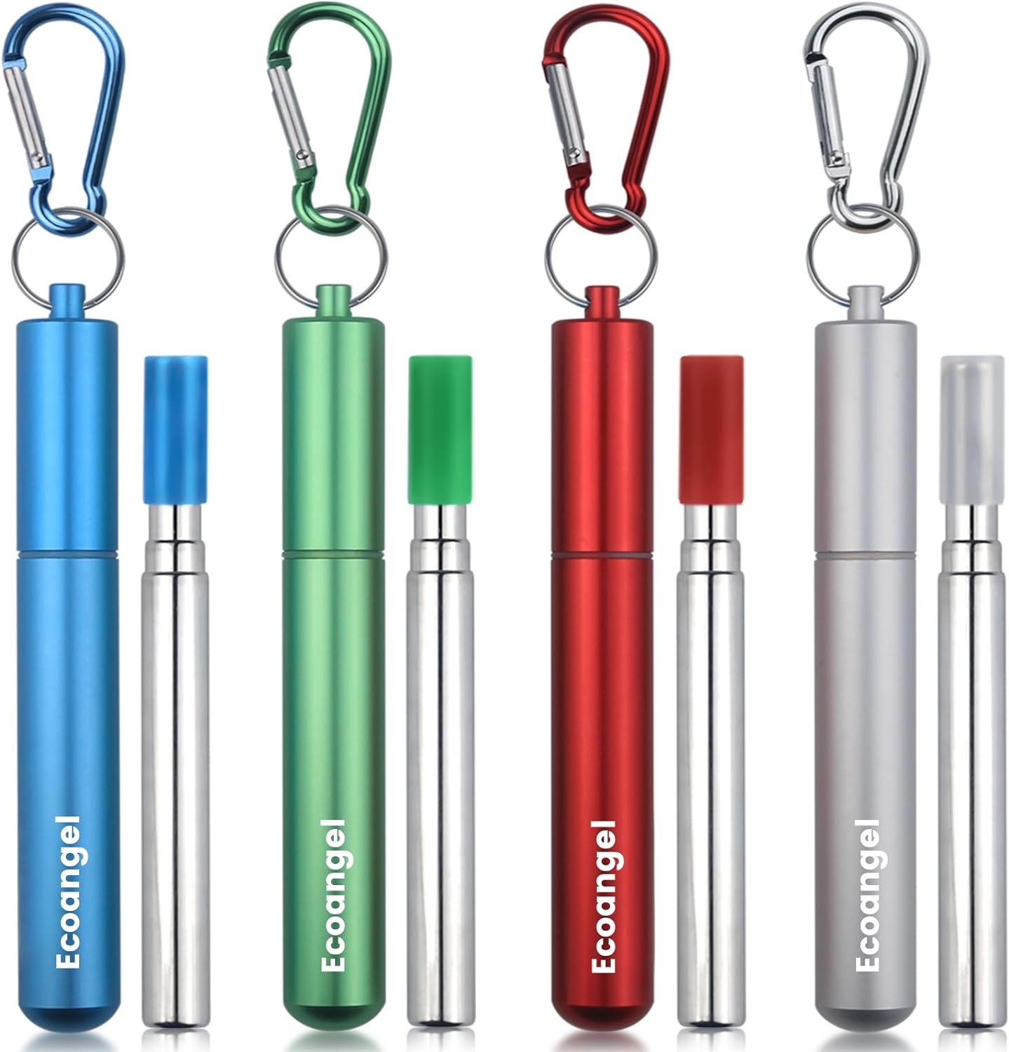 Ecoangel Cruise Ship Essentials,4-Pack reusable Collapsible Stainless Steel Drinking Straws with Aluminum Case,Cleaning Brush,and Keychains-Silver,Blue,Red,Green