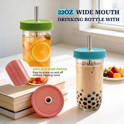 4 Pack Reusable Boba Cup 22OZ Wide Mouth Mason Jar Glass Cup - Iced Coffee & Smoothie Cups with Lids and Straws for Drinking Liquid, Milkshake, Boba & Matcha Tea