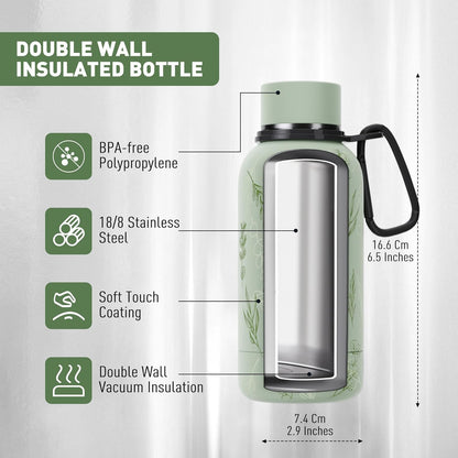 Exllena Slim Insulated Water Bottles for Travel 18oz with Clip, Double Wall Vacuum Stainless Steel Water Bottle Keeps Drinks Cold 24 Hrs/Hot 12 Hrs, 100% Leakproof, BPA Free(Black)