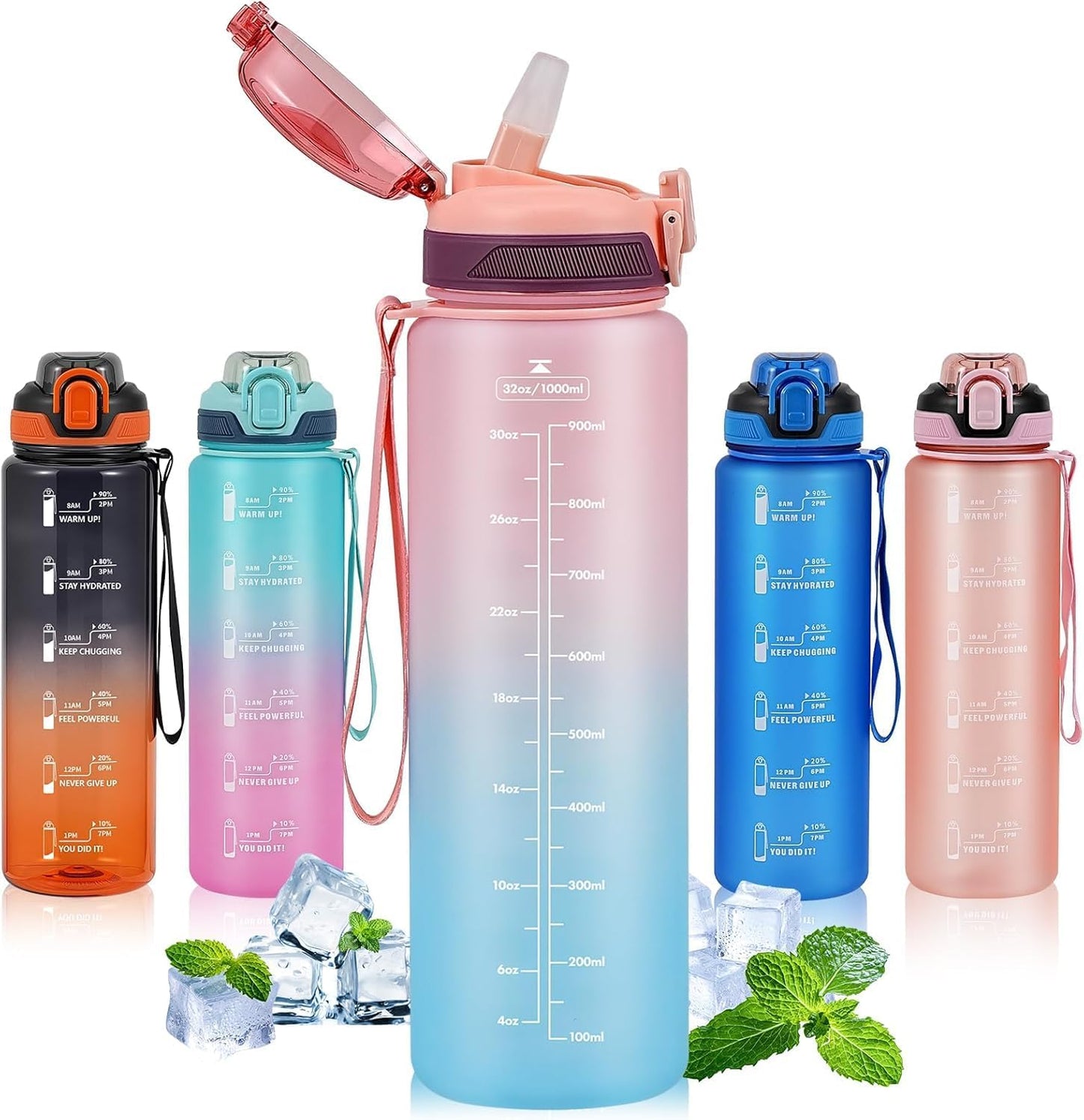 Water Bottle with Straw 1L,Boys Water Bottles with Straw 1 Litre,Waterbottle Leak-Proof Sports Water Bottle,Plastic Drinks Bottles Toxin Free，Bpa-Free (Cyan Black)