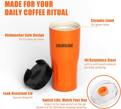 CHEERFUL GOAT Ceramic Lined Coffee Travel Tumbler - Stainless Steel Travel Mug with Ceramic Liner and Lid, 21 OZ Cup for Hot and Cold Beverages at Home or on the Go (Latte Ombre)