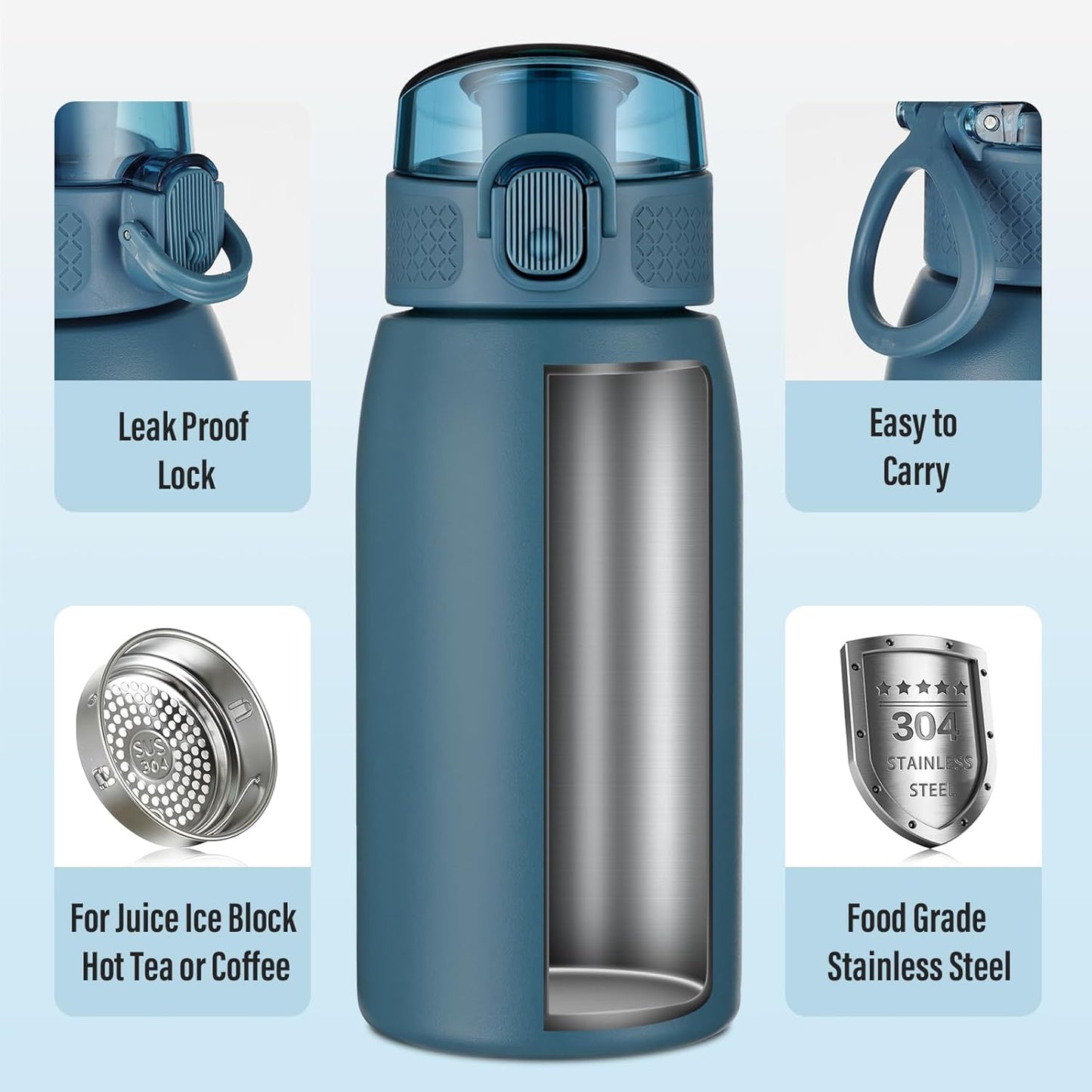 Insulated Water Bottle 24 oz with Dustproof Lid, Carry Handle & Tea Infuser, BPA-Free & Leakproof, Stainless Steel Water Bottles Ideal for Fitness, Hiking, Office & Outdoor Use (Black)