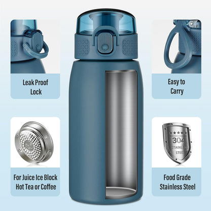 Insulated Water Bottle 24 oz with Dustproof Lid, Carry Handle & Tea Infuser, BPA-Free & Leakproof, Stainless Steel Water Bottles Ideal for Fitness, Hiking, Office & Outdoor Use (Black)