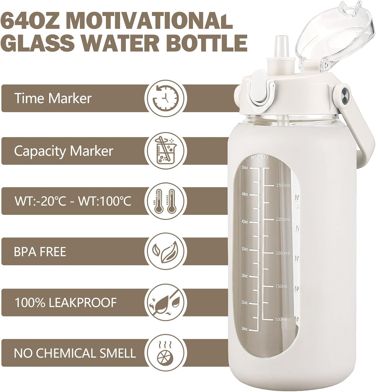 64oz Glass Water Bottles with Straw, Half Gallon Motivational Glass Bottle with Silicone Sleeve and Time Marker, 2L Leakproof Large Glass Water Jug for Gym Home Office,olive
