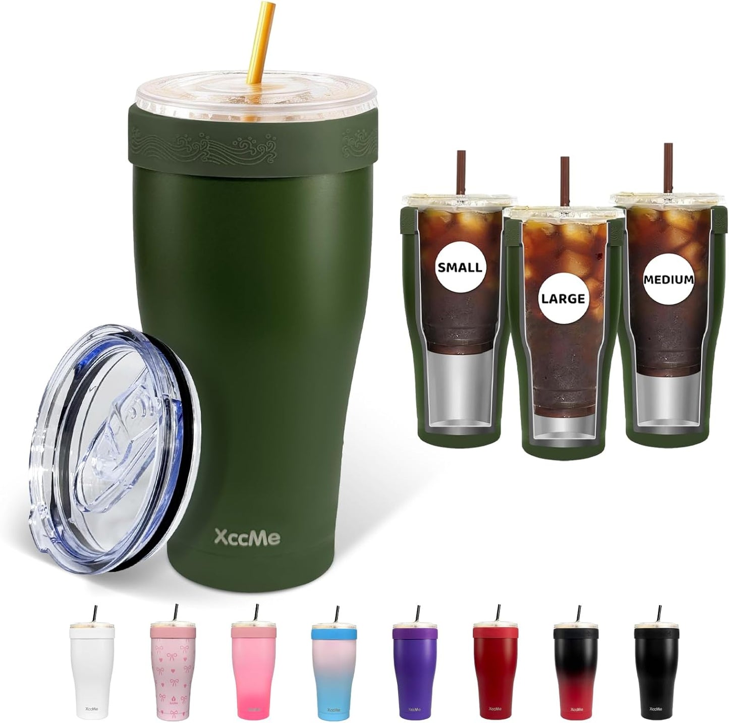 Universal Iced Coffee Sleeve,32oz Double Wall Stainless Steel Insulator Fits 16-32oz Starbucks/Dunkin/McDonalds Cups,Reusable Iced Coffee Cup Holder,Leak-Proof Tumbler for Hot,Cold Drink