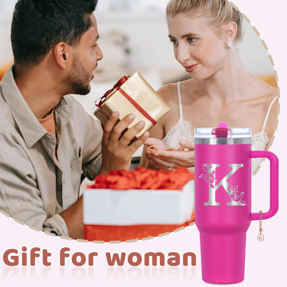 Personalized 40 oz Monogrammed Tumbler with Handle and Flip Straw Lid, 100% Leak Proof stainless steel Insulated Tumbler, Customized Initial Funny Gifts for Women Mom Sisters Coworker, A