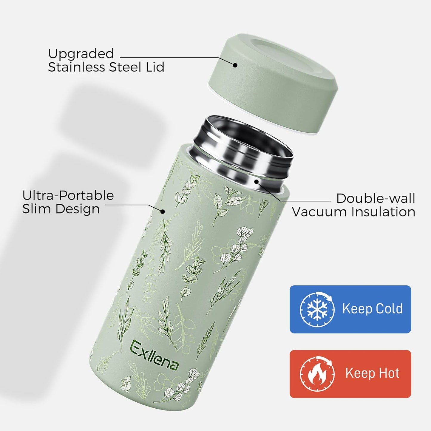 【Upgraded】Exllena Small Insulated Water Bottle 12 oz/350ml– Mini Insulated Water Bottle for Hot & Cold Drinks, Perfect Small Water Bottle for Travel, Purse...(Greyish Blue)