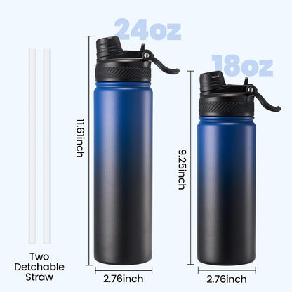 Fijinhom 18 oz Insulated Water Bottle, 2-in-1 Straw and Spout Lid Stainless Steel Thermos, Leak-Proof, Double Wall Vacuum Flask, Keep Cold 24H for Outdoor, Sports, Travel, School (Black)