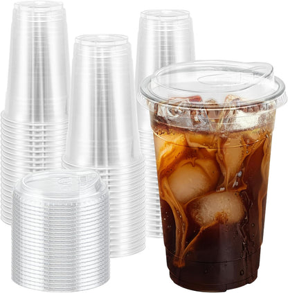 BYSNOW 100 Pack 16 oz Clear Plastic Cups with Lids, Disposable Iced Coffee Cups with Sip Lids, Sturdy Plastic Smoothie Cups for Cold Drinks